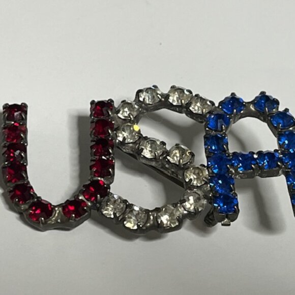 VTG USA Patriotic Brooch Red Clear Blue Prong Set Rhinestones Hat Vest Pin 2"x1" - Picture 3 of 11